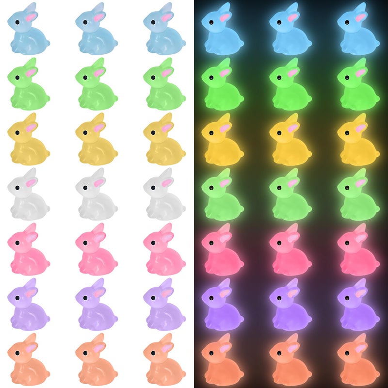 Yuronam 50 PCS Luminous Mini Resin Bunny Tiny Plastic Rabbits Glow in the Dark Miniature Bunnies Figurines for Easter Egg Fillers Fairy Garden Miniature Moss Landscape Decoration (7 Colors Tiny Bunny) - Image 1